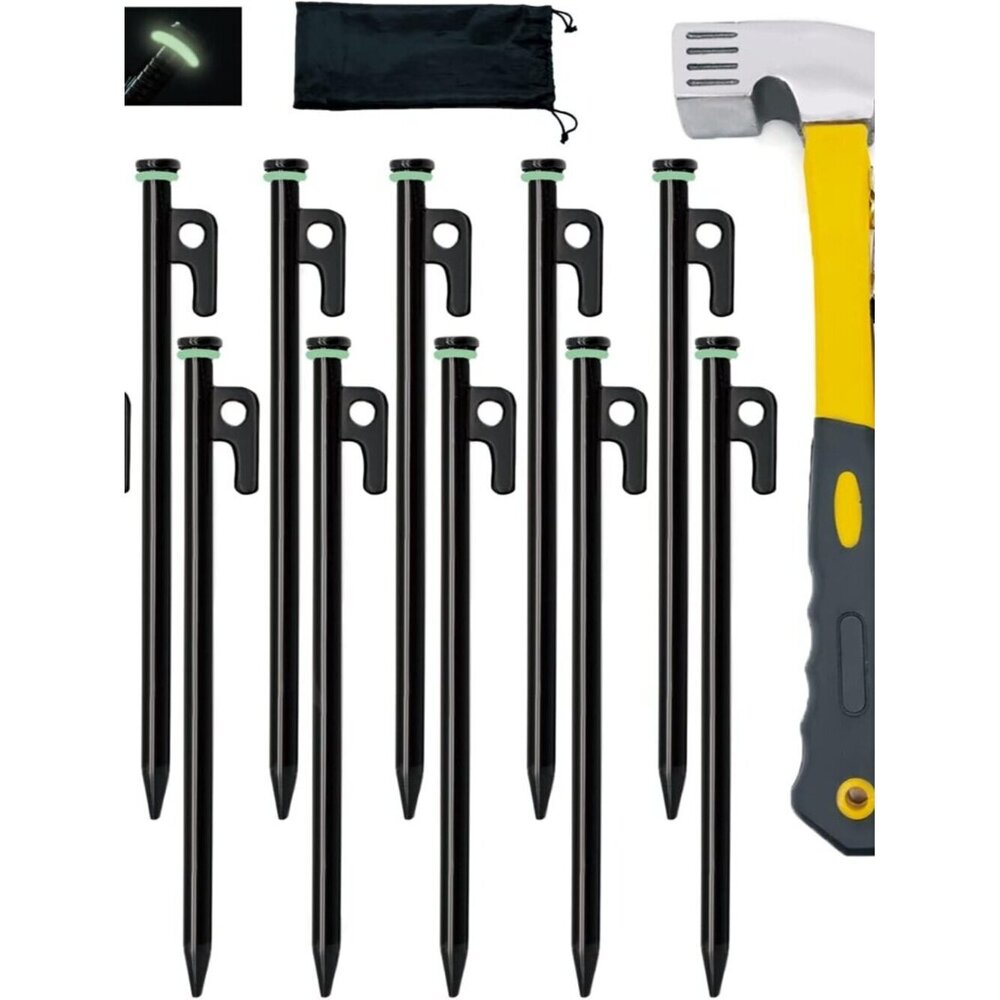 8/12/16Pack Tent Stake with Hammer, 8/10/12/16in Heavy Duty Tent Stakes + 10in